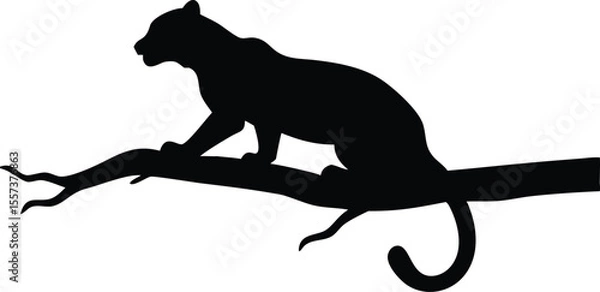 Fototapeta Silhouette of a leopard perched gracefully on a branch in a modern black and white style