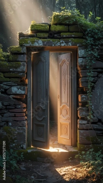 Fototapeta Sunlight streams through open rustic door in forest, creating a mystical and enchanting woodland scene.