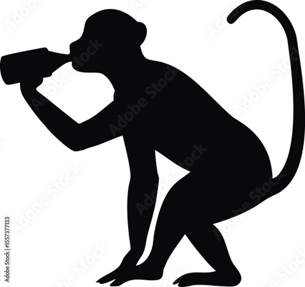 Fototapeta Silhouette of a monkey drinking from a bottle on white background illustration
