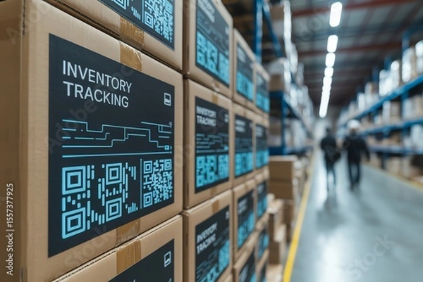 Fototapeta Warehouse scene with inventory tracking system and QR codes on boxes for efficient logistics management.
