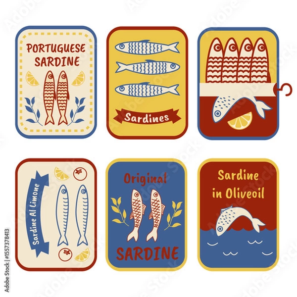 Fototapeta Hand drawn sardine tin illustrations. Vintage doodle style canned fish labels. Portuguese sardines, lemon olive oil seafood, retro fish packaging icons. 
Coastal Mediterranean product sketch art.
