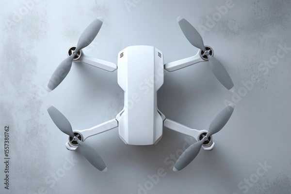 Obraz Minimal White Quadcopter Drone on Light Gray Textured Background, Centered Composition