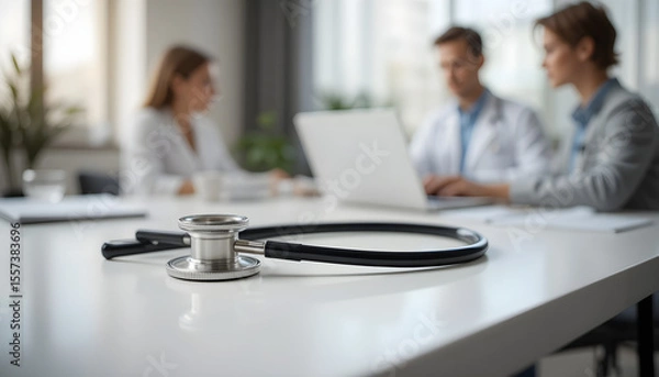 Fototapeta High-resolution, photorealistic image of a black and silver stethoscope on a white desk in a medical consultation room. Sharp focus on the stethoscope, blurred doctor and patient in background.