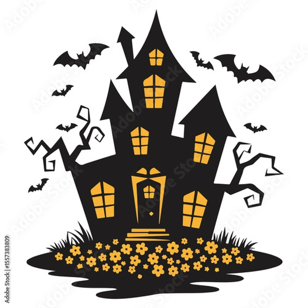 Obraz Spooky Halloween Haunted House with Bats Flying Overhead and Flowers Below, a Fun and Festive Holiday Vector Design