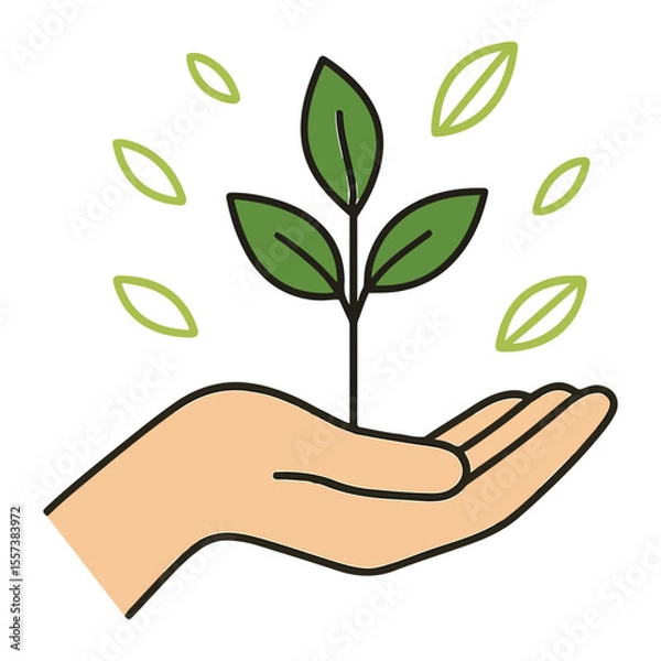 Obraz A Symbolic Representation of Growth, Nurturing, and Environmental Consciousness Depicting a Hand Gently Holding a Young Plant with Floating Leaves