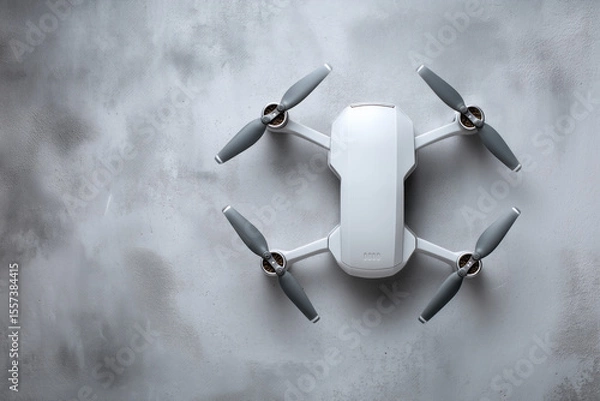 Obraz Minimal White Quadcopter Drone on Light Gray Textured Background, Centered Composition