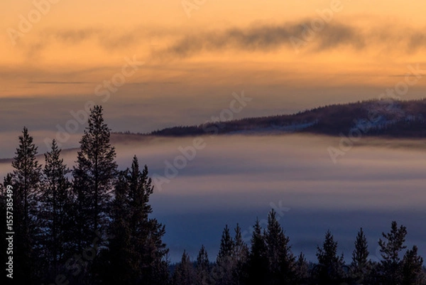 Obraz A serene mountain landscape at sunrise, with golden skies illuminating the horizon. A soft blanket of fog drifts over the dark forest below, while the snow-dusted peaks rise in the distance. 