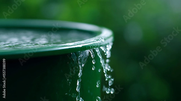 Fototapeta Rainwater harvesting system, close-up. Rain flows from gutter into green rain barrel. Water collection for garden irrigation. Sustainable resource management, eco-friendly solution for home.