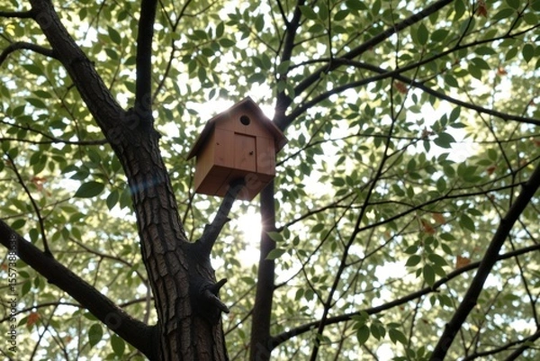 Fototapeta Wooden Birdhouse Hanging from Tree Branch Surrounded by Green Leaves