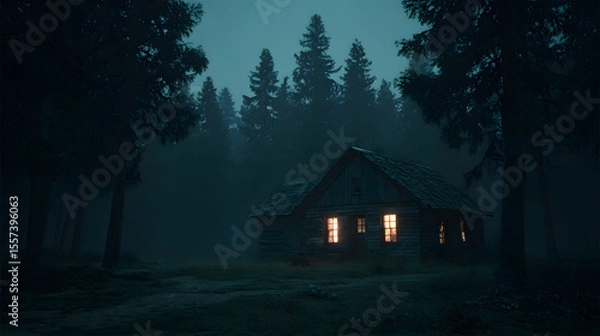 Fototapeta Lonely Cabin in a Dark Forest at Night