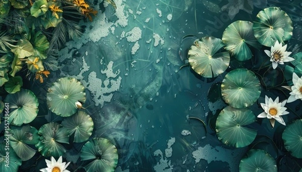 Fototapeta Top-down view of a serene pond filled with water lilies.