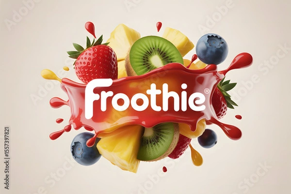 Obraz Froothie promo poster with fruit splash behind bold logo: strawberries, kiwi, pineapple, blueberries on white background. Vibrant, fresh, energetic, appetizing fruit explosion.