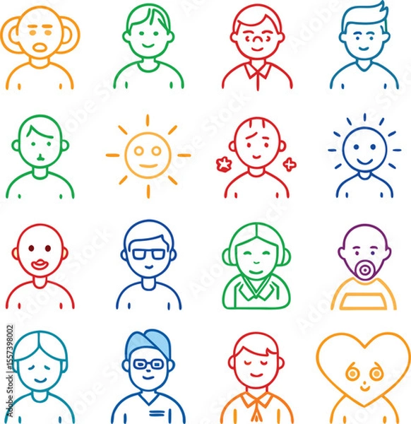 Fototapeta A diverse collection of colorful line art icons depicting various human emotions and characters against a white background