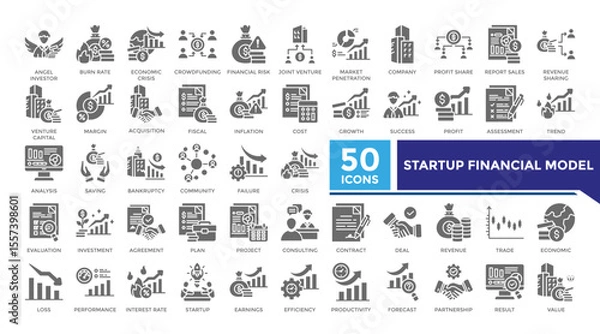 Fototapeta Startup financial model solid icon set collection. This set includes angel investor, market penetration, profit share, acquisition and more icons in solid style. Icons collection for infographics