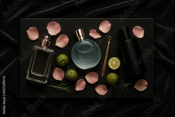 Obraz Dark Flat Lay of Perfume Bottles with Rose Petals & Violet Accents	