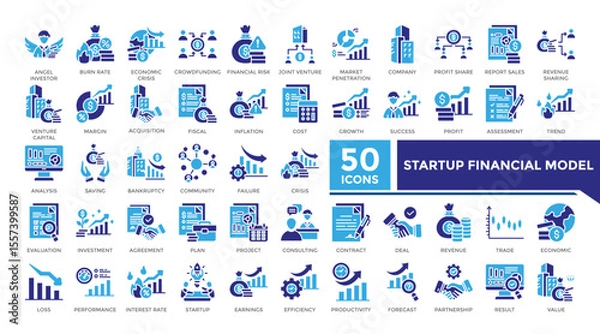 Fototapeta Startup financial model icon solid two color set collection. This set includes angel investor, market penetration, profit share, acquisition and more icons. Vector icons collection for infographics