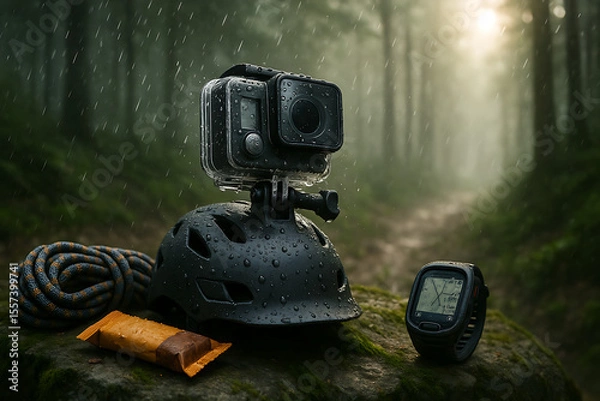 Obraz Action Camera on Bike Helmet in Misty Forest Trail	