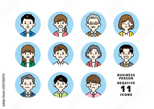Fototapeta オフィスで働く、ネガティブな表情のビジネスパーソンのアバターアイコン素材セット＿円形＿ベクター＿カラー