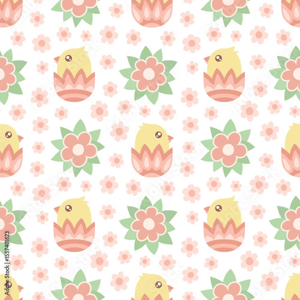 Fototapeta Seamless pattern with easter chicks and flowers