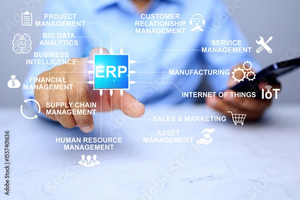 Fototapeta ERP Enterprise Resource Planning concept with businessman pointing to operational processes in manufacturing technology and planning operation business system by software