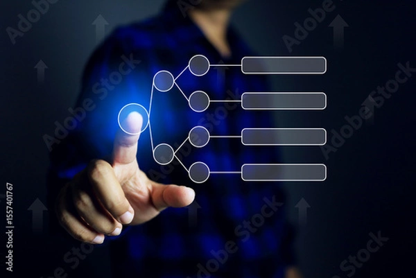 Fototapeta Link concept with businessman pointing link on virtual screen to access business network or stakeholders