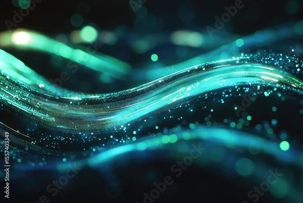 Fototapeta Abstract, glowing teal waves with shimmering particles