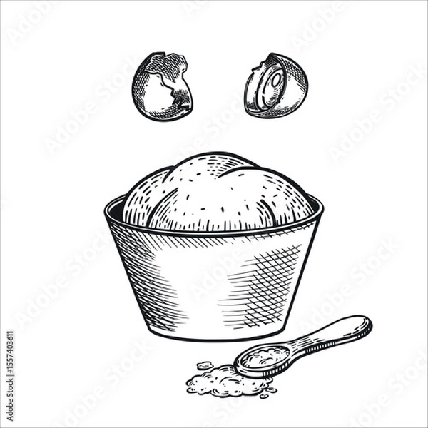 Fototapeta Cooking food, dough, bowl with ready-made dough, cracked egg, teaspoon with sugar. All objects are hand-drawn in vector. The illustration is suitable for illustrating recipes, printing on paper.