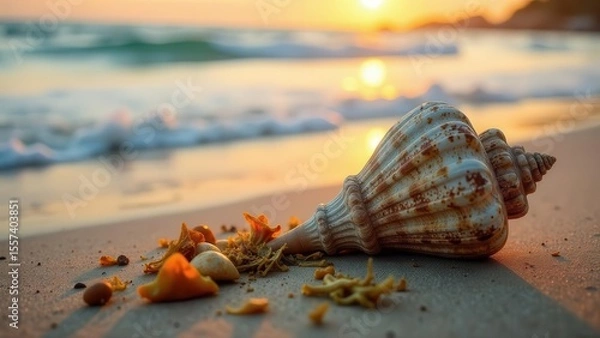 Fototapeta Seashell Sunset A weathered seashell rests on a sandy beach at sunset, surrounded by small shells and seaweed, as gentle waves caress the shore.