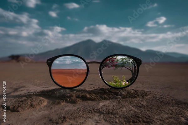Obraz A pair of eyeglasses reflecting two different worlds � one side a desert, the other a blooming forest � with no face behind them, surreal contrast of perception
