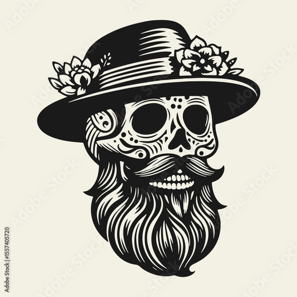 Fototapeta Black and white flat vector illustration of a bearded skull in a hat, decorated with traditional Dia de los Muertos facial patterns. Perfect for Day of the Dead designs and prints.