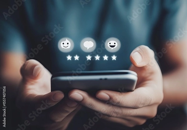Fototapeta Close-up of hands holding a smartphone with positive online reviews