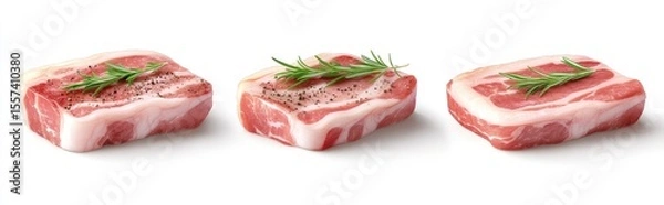 Obraz Three square cuts of seasoned pork belly with rosemary sprigs