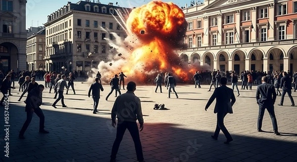 Fototapeta A large explosion erupts in a city square, scattering people running away.