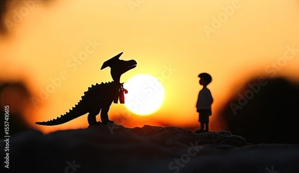 Obraz Silhouette of a dinosaur and child at sunset