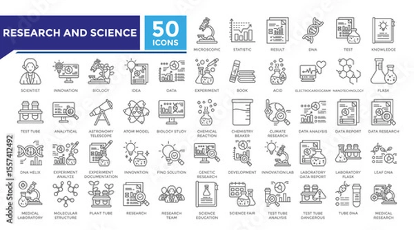 Obraz Research and science lineal icon set collection. This set includes microscopic, result, scientific, analyze, dna, nanotechnology, data research and more icons. Vector icons collection for infographics