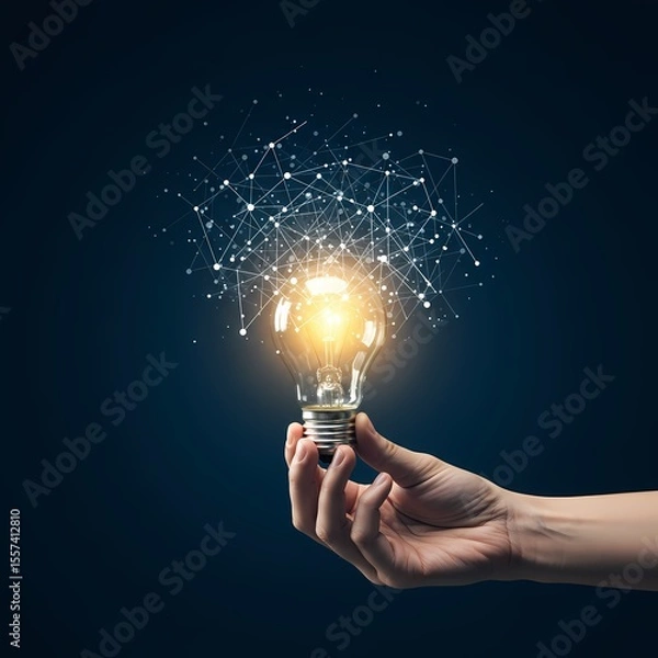 Obraz A hand holding a glowing lightbulb with a network of connected dots above it on a dark background