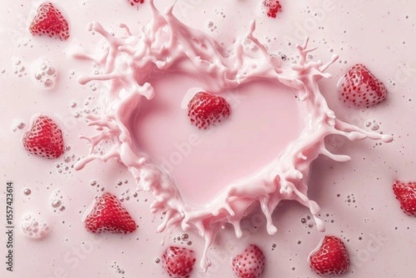 Fototapeta Heart-Shaped Strawberry Milk Splash: Dynamic Pink Liquid Art