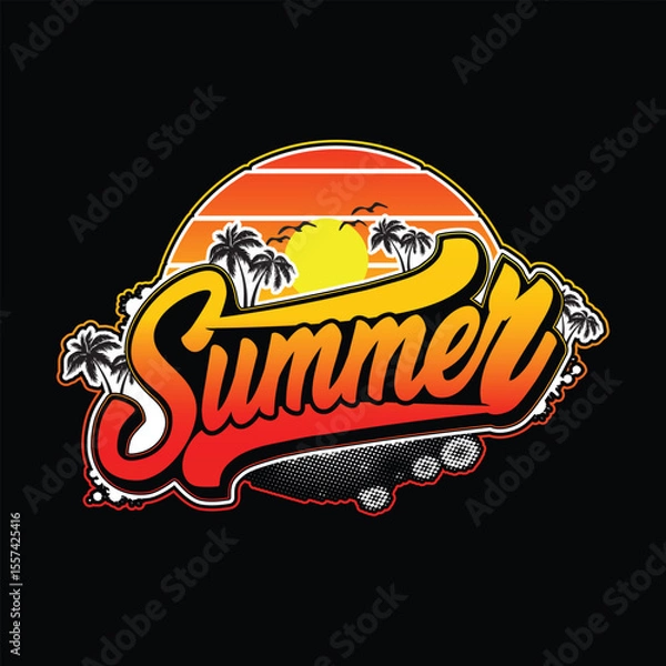 Fototapeta Typography vibrant summer t-shirt design. Retro beach vibes and tropical fun with plam trees, sunset, birds and gradient color Custom black t-shirt design. Vector illustration.