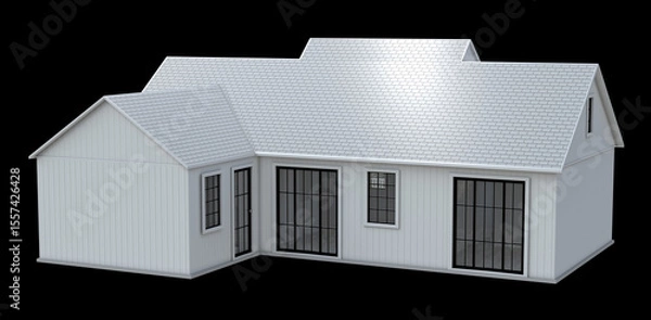 Fototapeta White cottage mockup with large windows. 3d illustration isolated on black