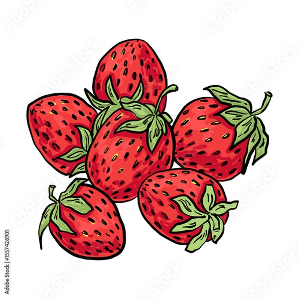 Fototapeta Pile of six red strawberries with green tops. Hand-drawn composition for stickers, cards, branding, and summer-themed decor.