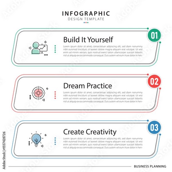 Fototapeta Business infographic template. 3 Step timeline journey. Process diagram, 3 options on white background, Infograph elements vector illustration.