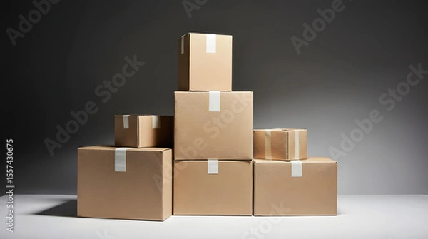 Fototapeta Cardboard boxes sealed with tape are stacked on top of each other, creating a simple and practical storage or shipping arrangement