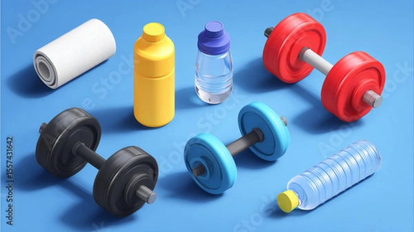 Fototapeta Isometric vector design of gym tools like dumbbells and water bottles promoting an active life