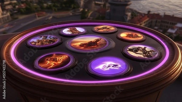 Fototapeta Illuminated Interface Panel Displaying Diverse Locations and Unique Elements
