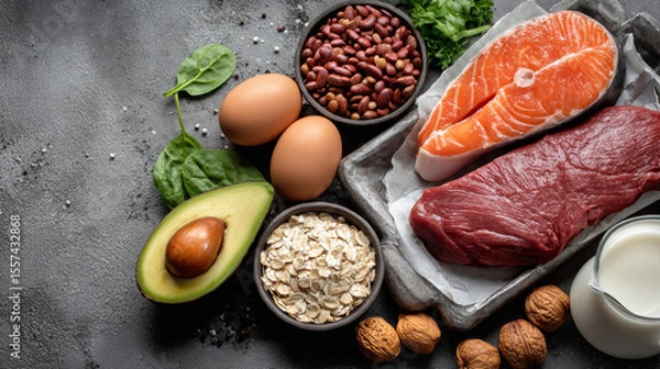 Fototapeta Overhead image of high-protein natural food items on a grey surface