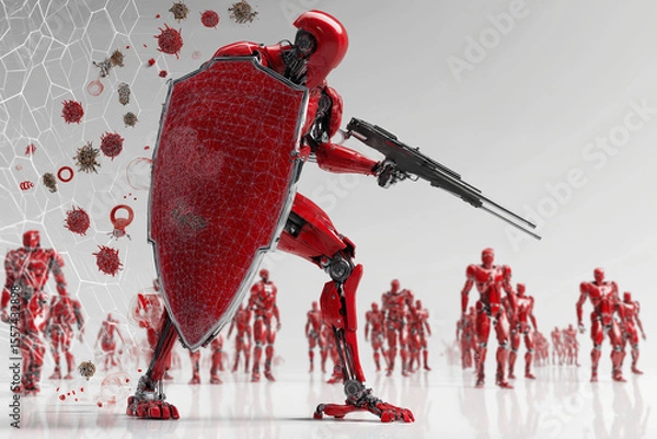 Fototapeta Cyber defense AI. Digital matrix secured by AI defense system technology.