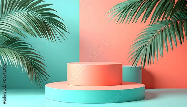 Fototapeta Geometric shapes with tropical leaves on colorful backdrop