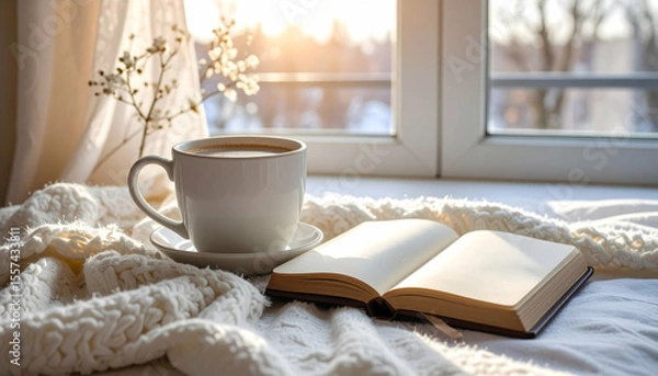 Fototapeta Cozy scene with coffee and open book by the window at sunrise