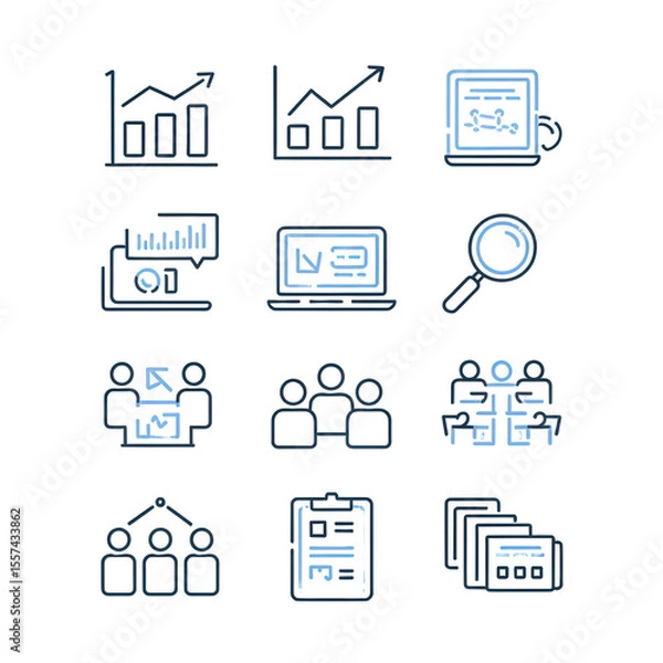 Fototapeta Business analytics and teamwork icon set featuring charts, graphs, laptop, magnifying glass, presentation, people, meeting, organization hierarchy, clipboard, and report stack in blue outline