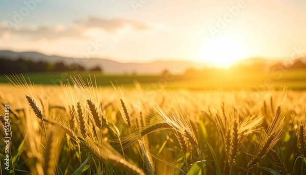 Fototapeta Golden wheat field at sunset with distant hills and vibrant sky